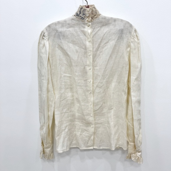 Vintage Ralph Lauren Linen & Lace Cottage Prairie high neck pin tucked button - Picture 3 of 8